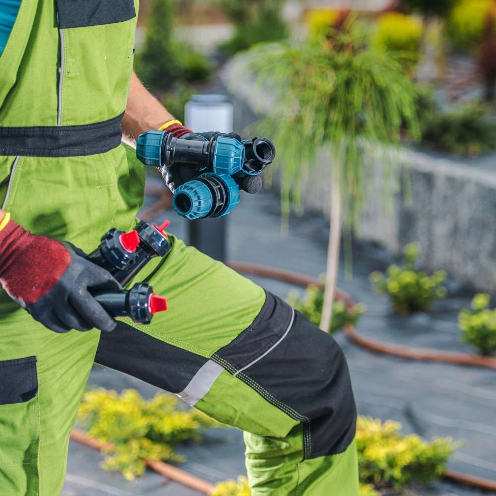 A man in green overalls is holding a hose in his hand.