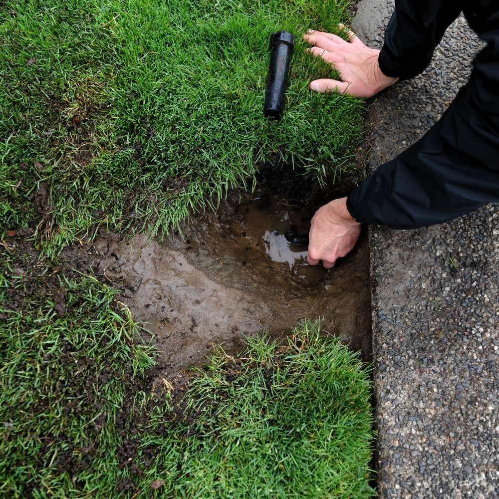 A person is digging a hole in the grass