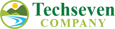 The logo for techseven company shows a mountain and a river.
