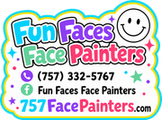 Fun Faces Face Painters business card with phone number, social media links, and a smiling face icon.