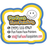 Fun Faces Face Painters business card with phone number, social media links, and a smiling face icon.