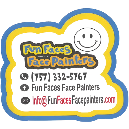 Fun Faces Face Painters business card with phone number, social media links, and a smiling face icon.
