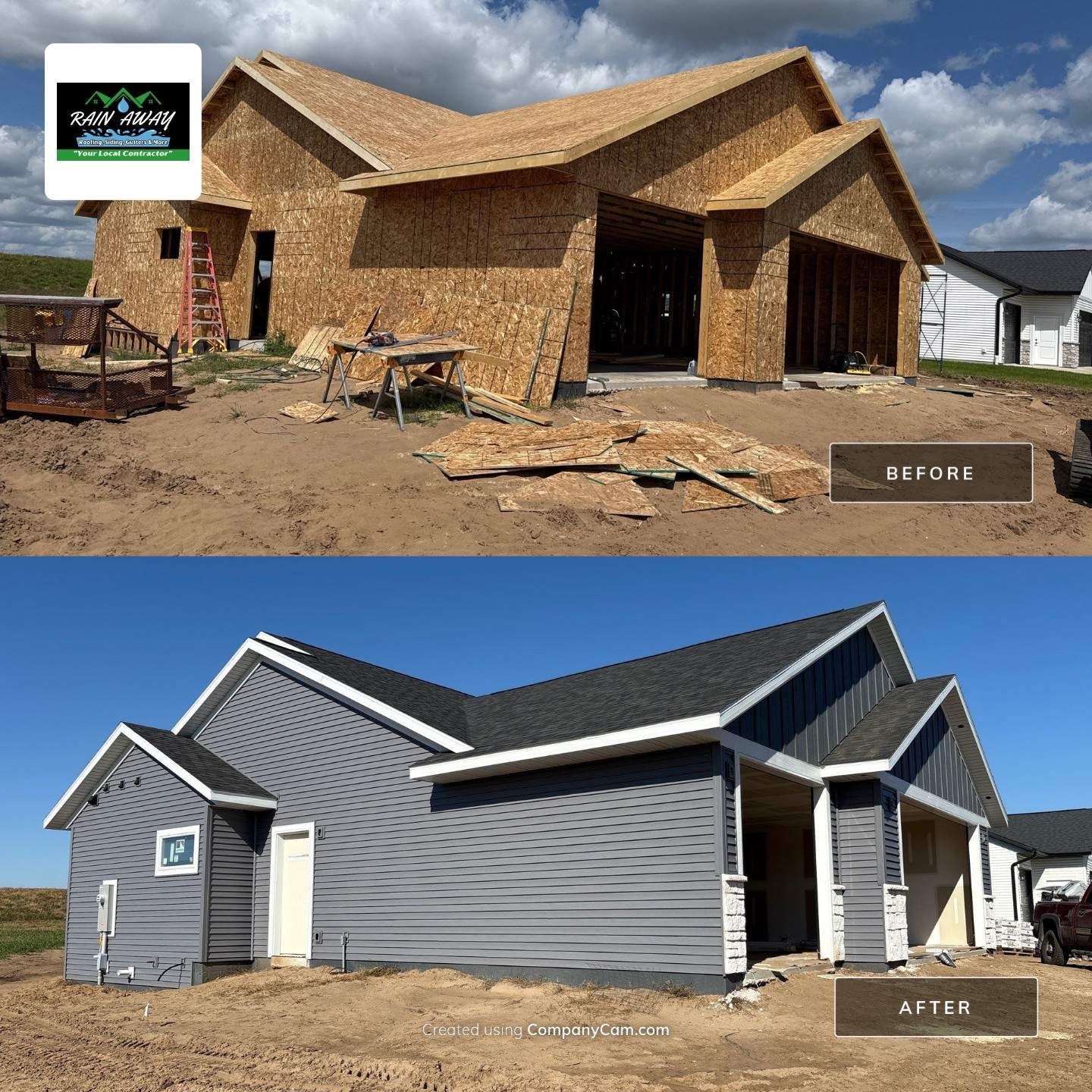 Construction project before and after: House framing transforms to completed house with gray siding.