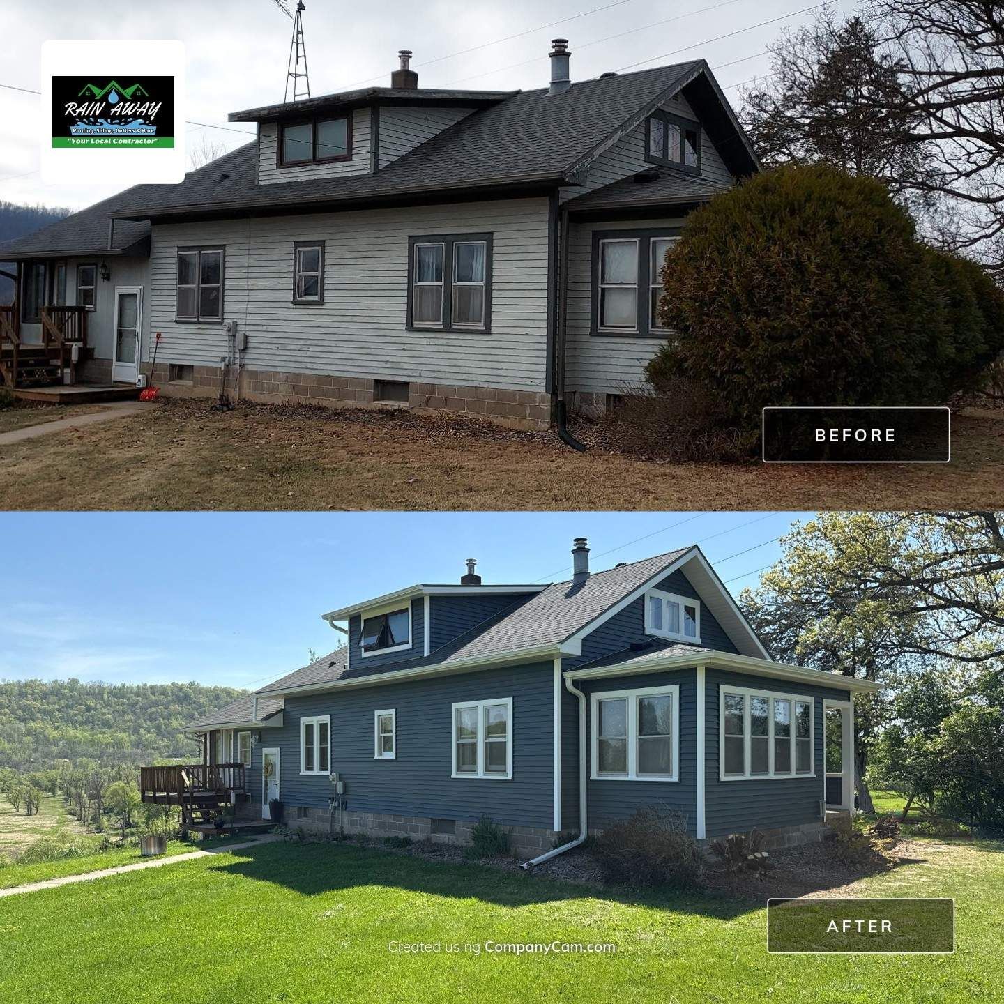 Before and after exterior renovation of a two-story house; the