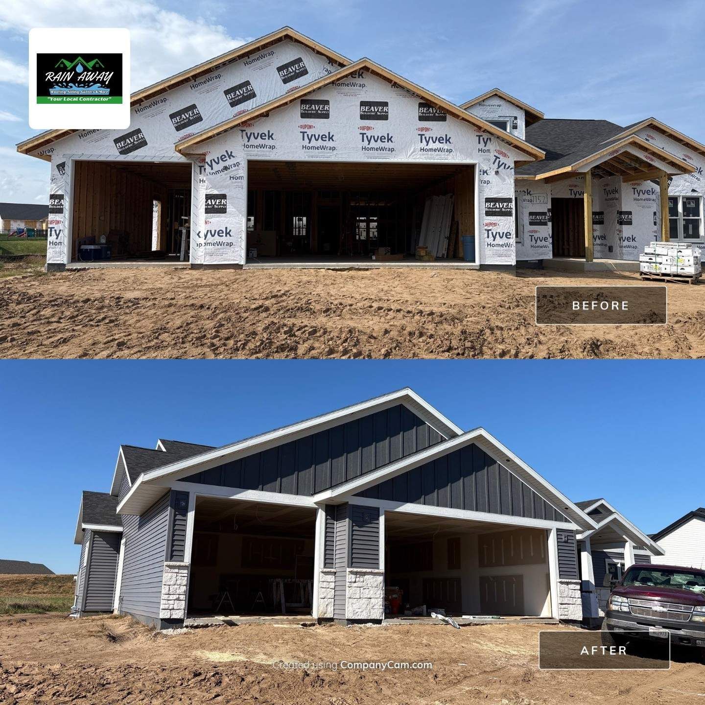 Before-and-after of a house garage, under construction in the first image and finished with gray siding in the second.