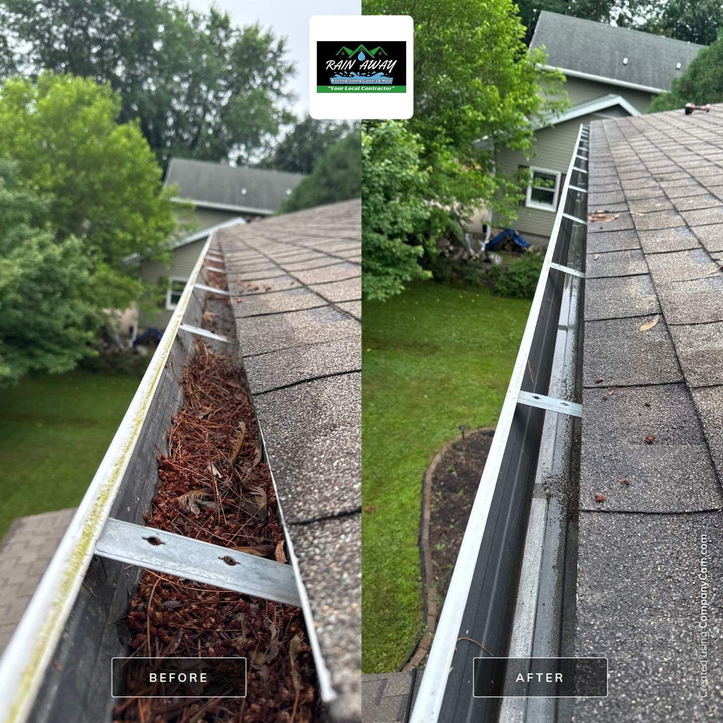 Before and after view of a roof gutter, filled with debris then cleaned.