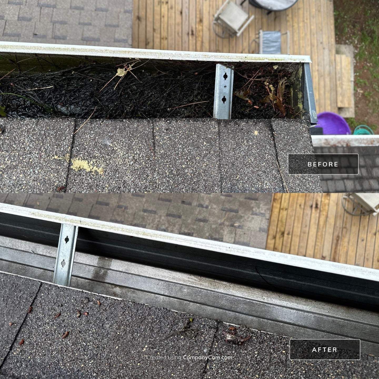 Before-and-after of a gutter cleaning; dirty gutter above, clean below. Gray roof shingles and wood deck are visible.