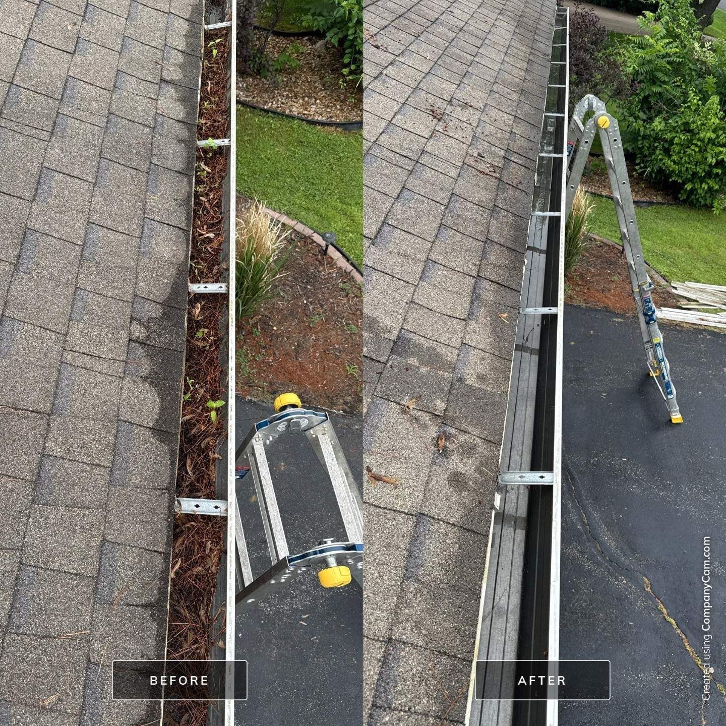Before and after gutter cleaning. Gutter filled with debris (before). Clean gutter with ladder on pavement (after).