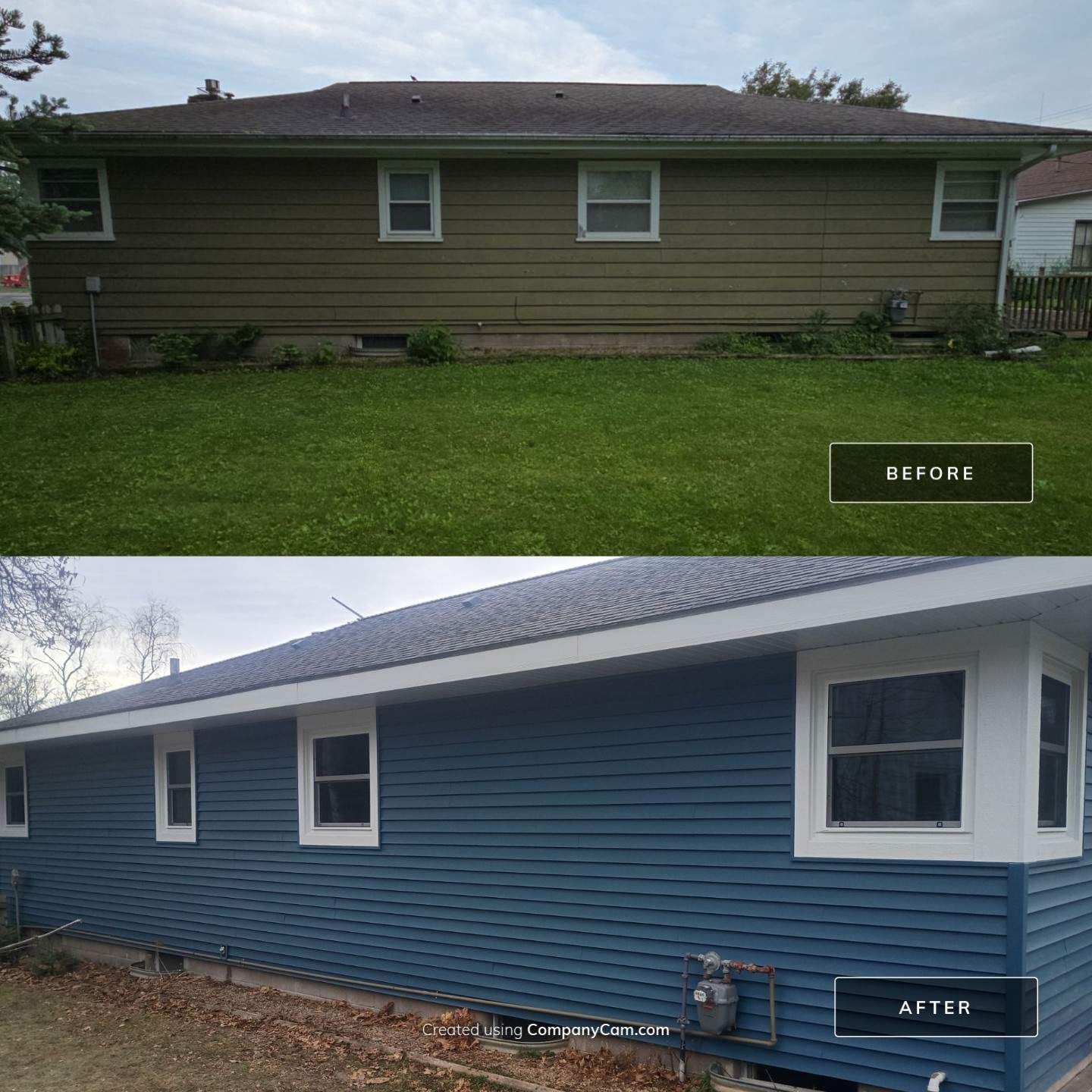 Before and after of a house exterior; old tan siding replaced with blue siding, white trim.