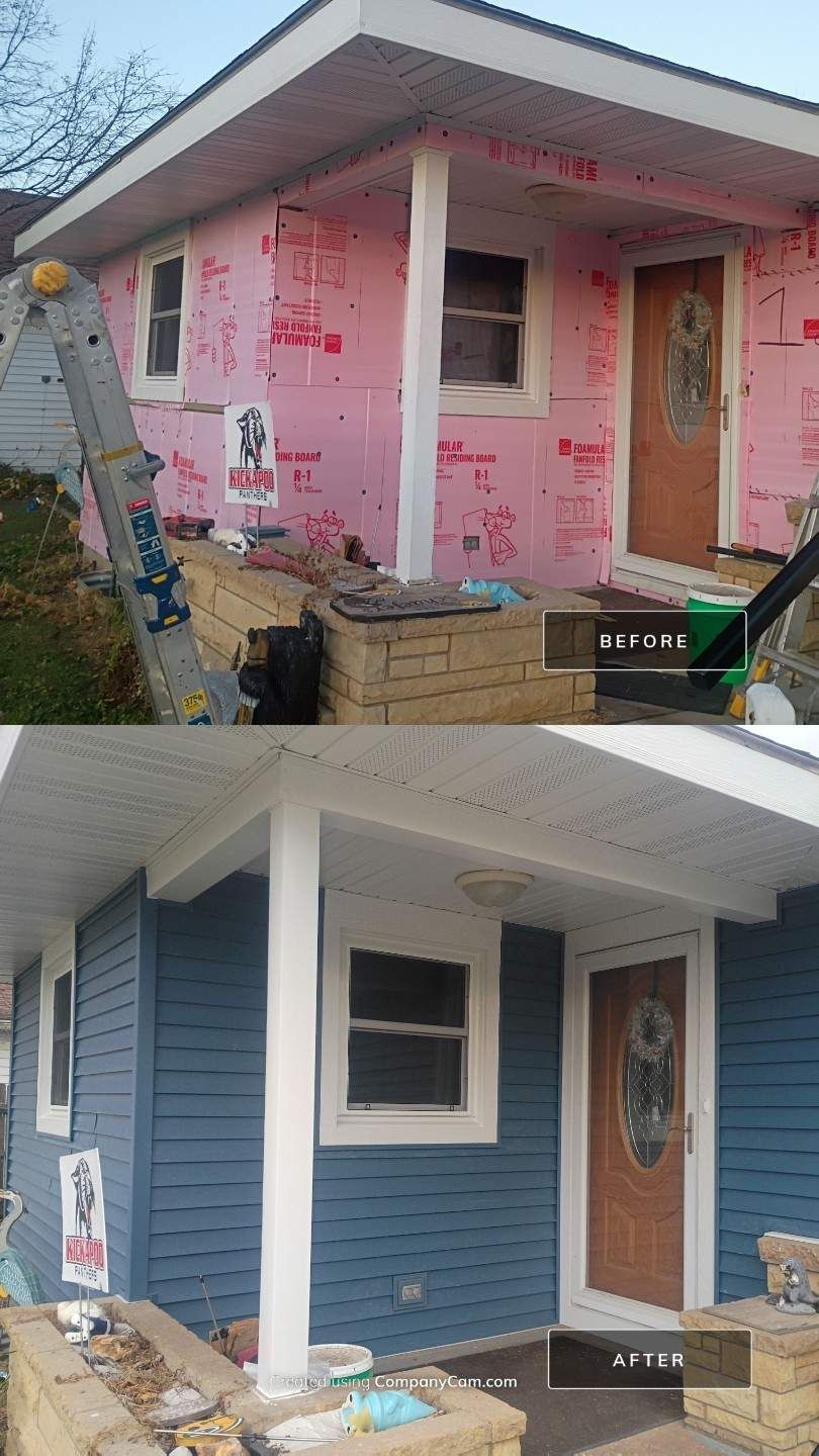 House exterior before and after siding installation. The first image has pink insulation, the second has blue siding.