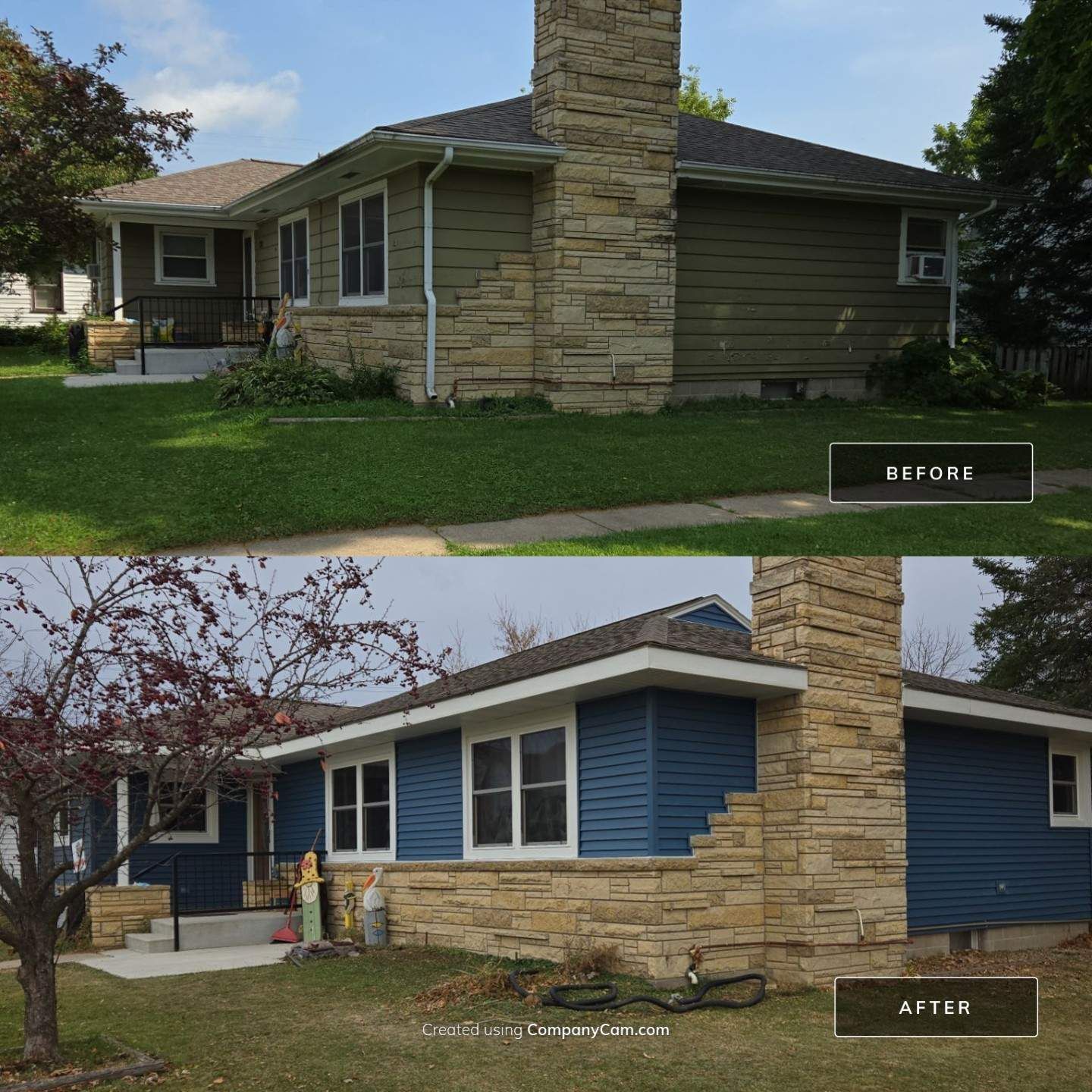Before and after photos of a house with green siding being replaced with blue siding, featuring a stone chimney.