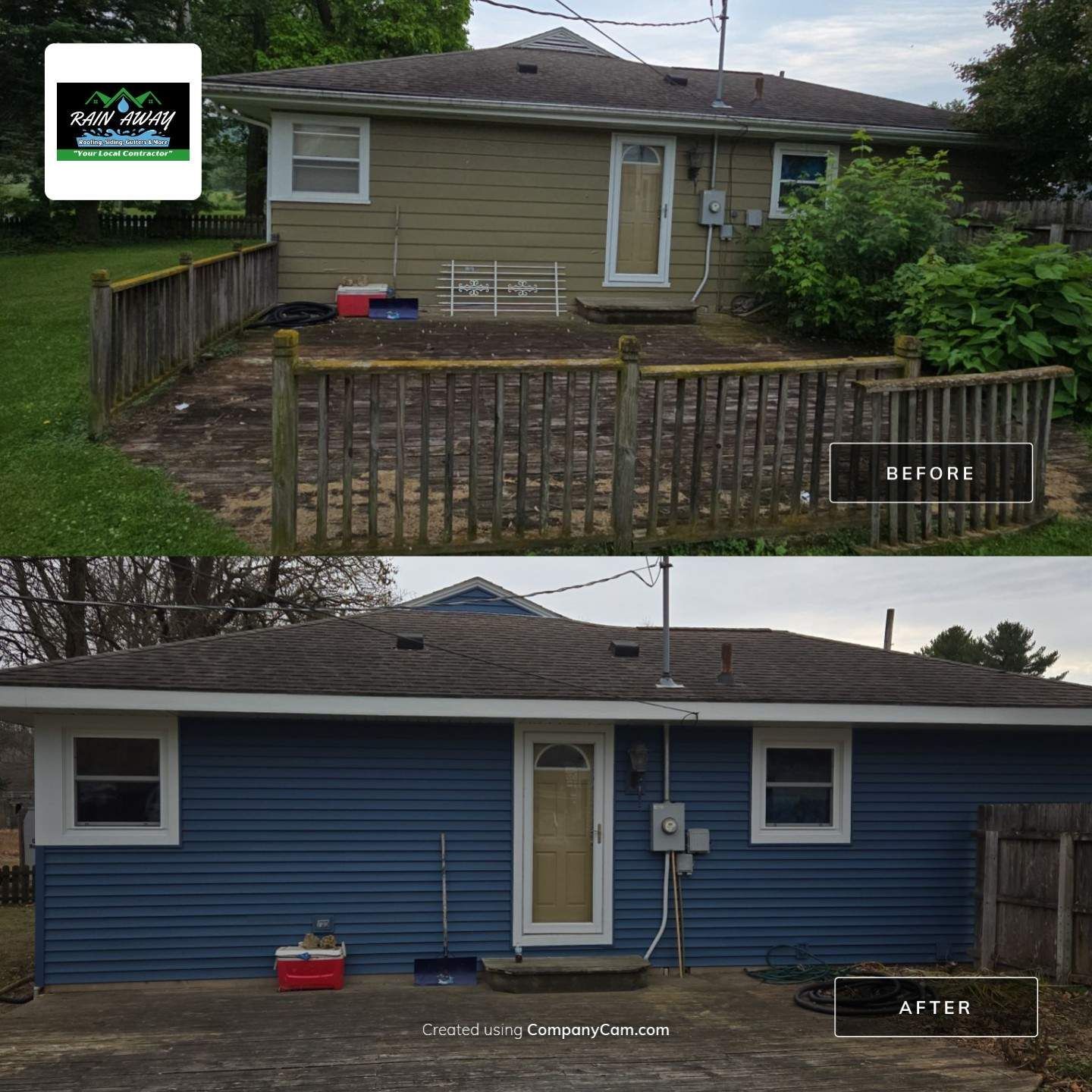 Before and after of a house exterior renovation, showing a change from dull green to blue siding with white trim.