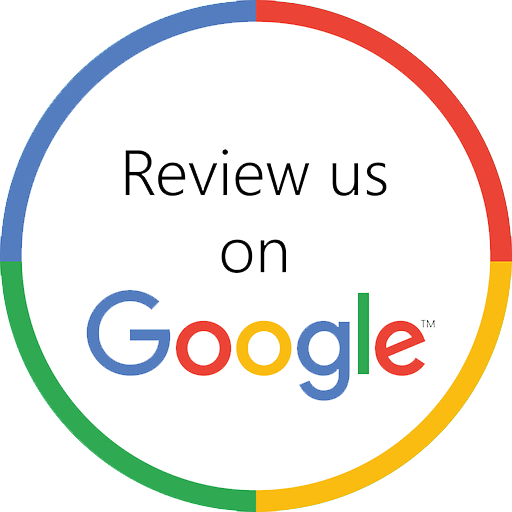 A circle with segments colored blue, red, green, and yellow around the Google logo, encouraging reviews.