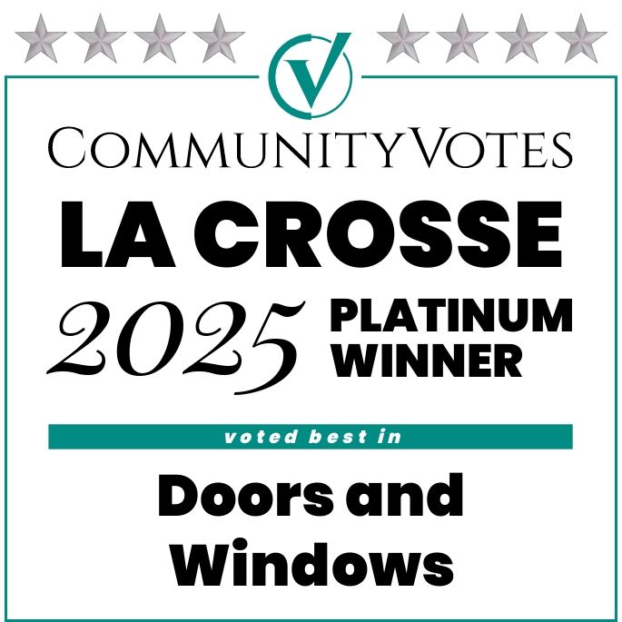 CommunityVotes LA Crosse 2025 Platinum Winner in Doors and Windows. Logo with stars, checkmark, and text.