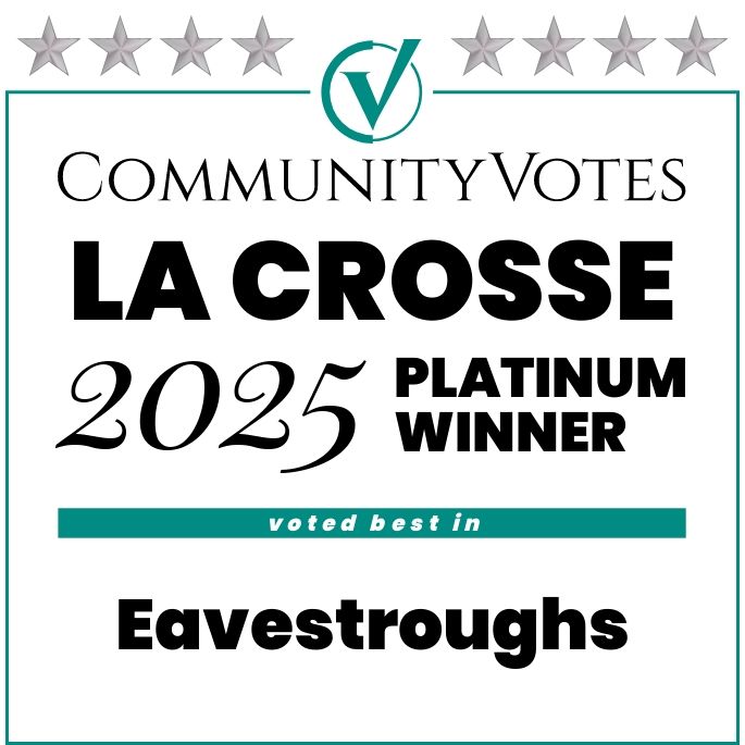 CommunityVotes La Crosse 2025 Platinum Winner badge for Eavestroughs. Teal and white colors, with star accents.