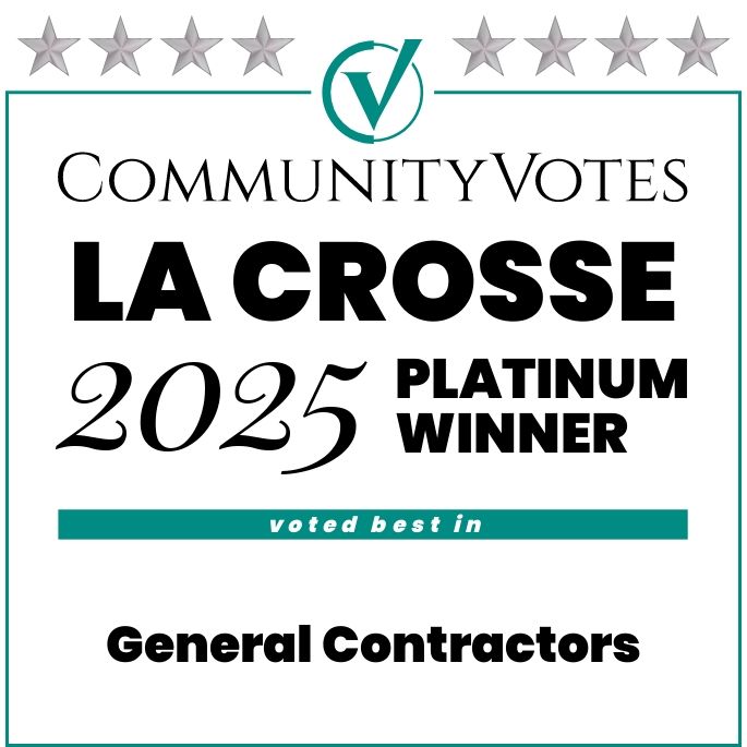 CommunityVotes La Crosse 2025 Platinum Winner badge. Voted best General Contractors. Green, black, white, and gray colors.
