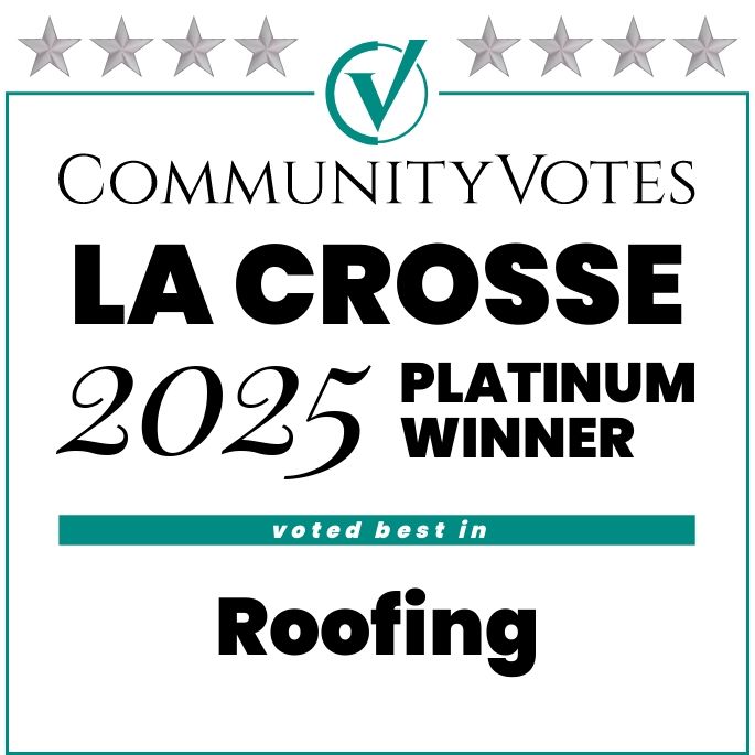 CommunityVotes La Crosse 2025 Platinum Winner for Roofing, turquoise and white award.