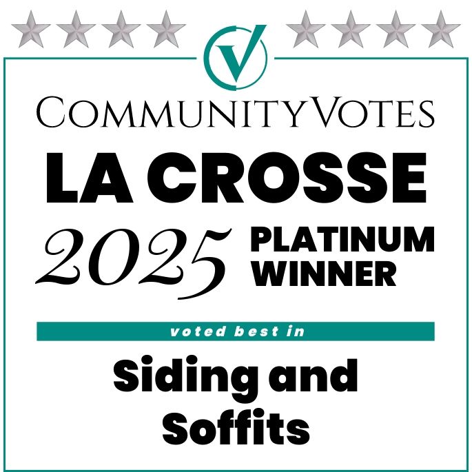 CommunityVotes La Crosse 2025 Platinum Winner in Siding and Soffits. Teal and black text with a checkmark logo.