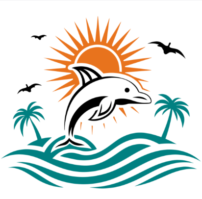 Logo for Decorative Concrete Pro of the Villages, features a trowel, concrete, palm tree, dolphin, and sun.