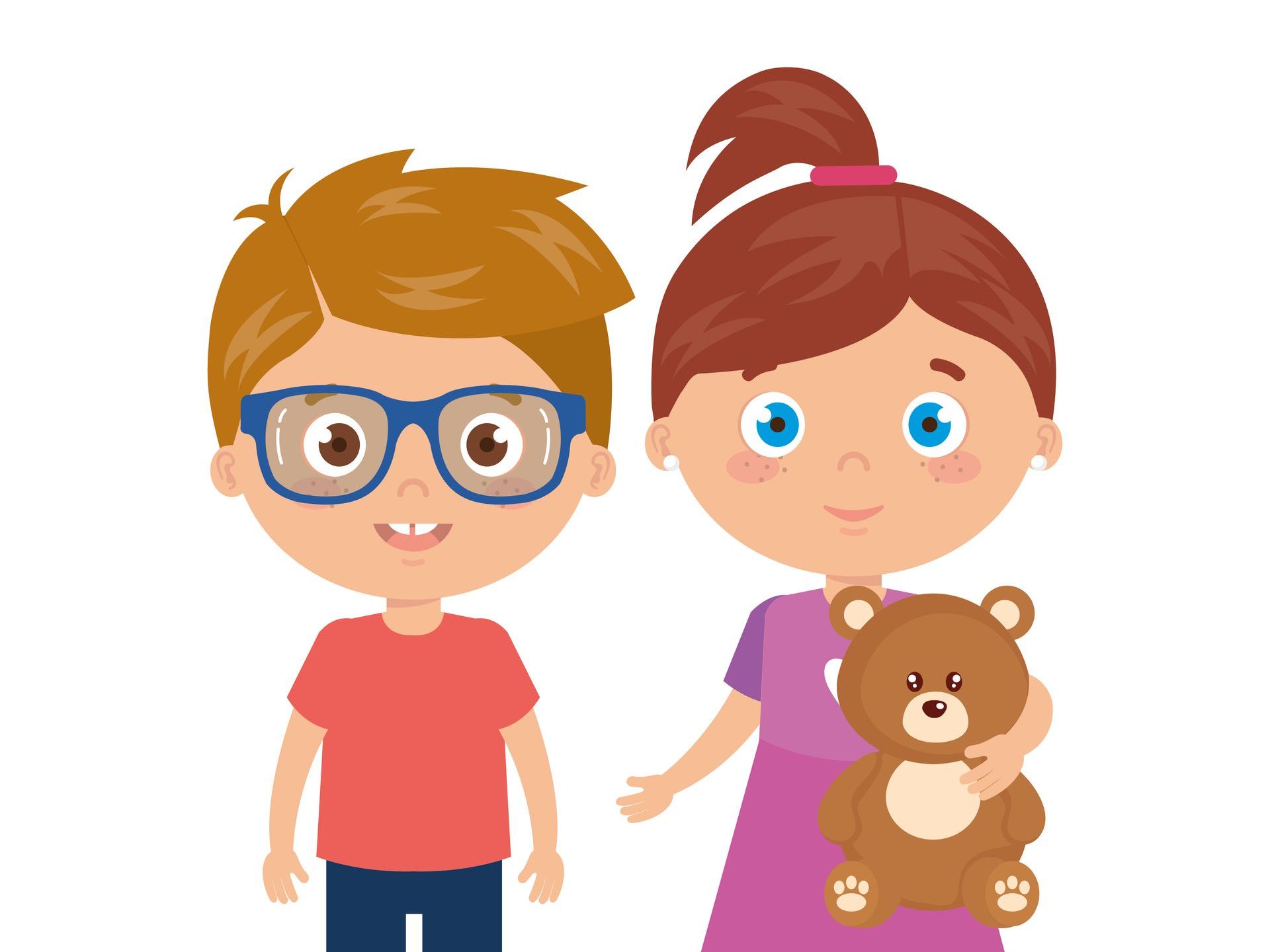 A boy and a girl are standing next to each other holding a teddy bear.