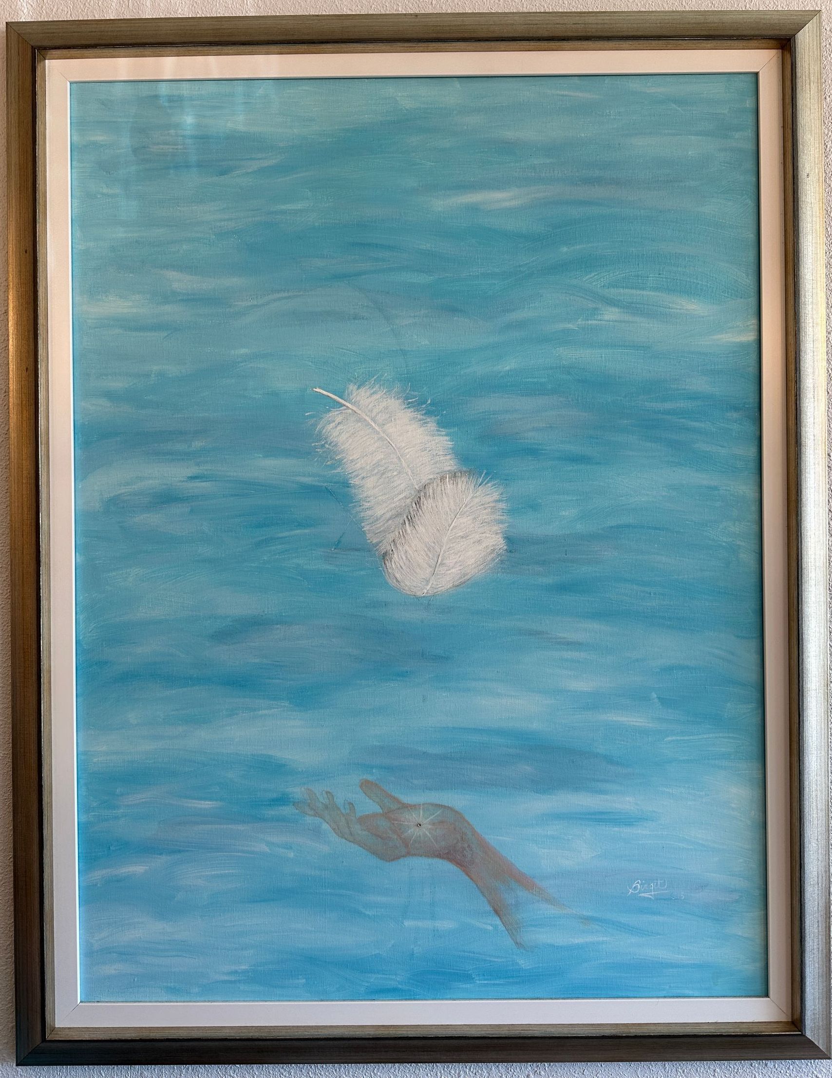 A painting of a person swimming in the ocean with a cloud in the background.