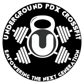 Black and white Underground PDX CrossFit logo with barbell weights and a kettlebell, text reads "Empowering the Next Generation."