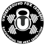 Black and white Underground PDX CrossFit logo with barbell weights and a kettlebell, text reads "Empowering the Next Generation."