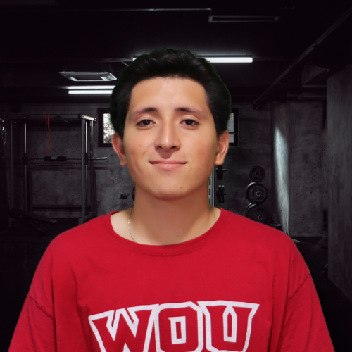 Young person wearing a red shirt with 