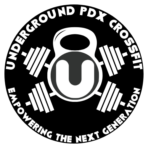 Logo for Underground PDX CrossFit, featuring a kettlebell and barbell weights, black and white.
