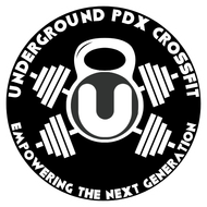Logo for Underground PDX CrossFit, featuring a kettlebell and barbell weights, black and white.