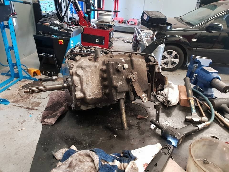 A Car Engine on a Workbench