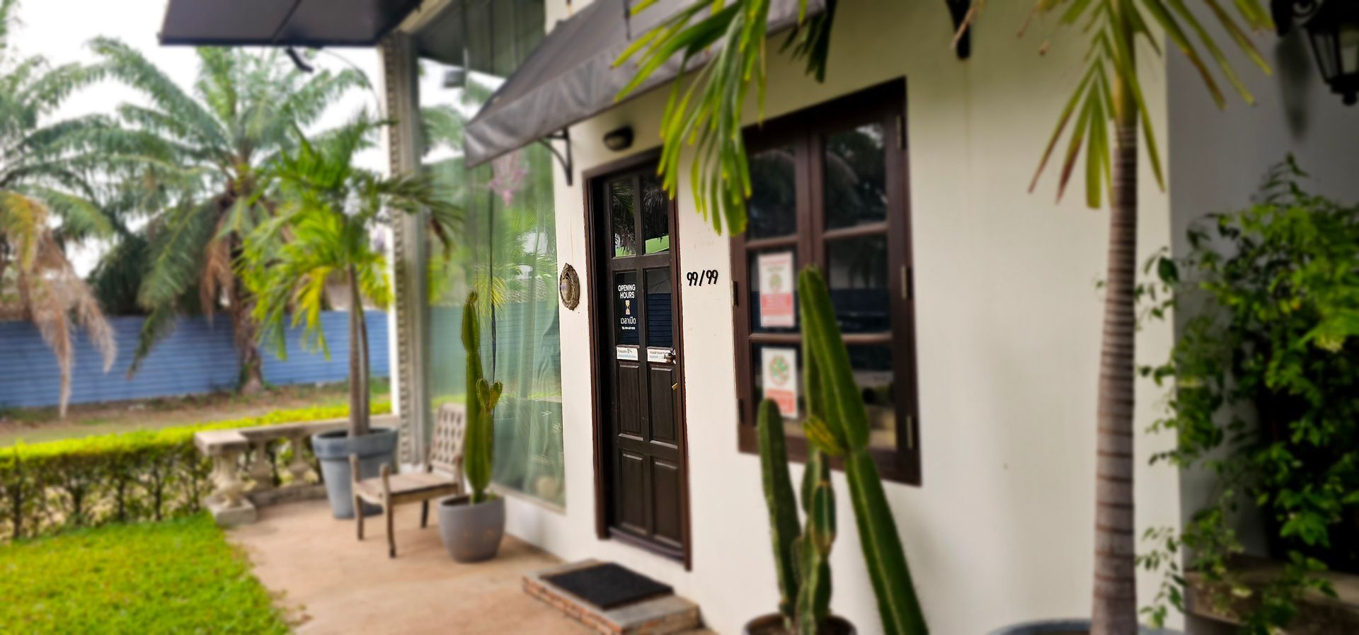 A white house with a porch and palm trees in front of it.