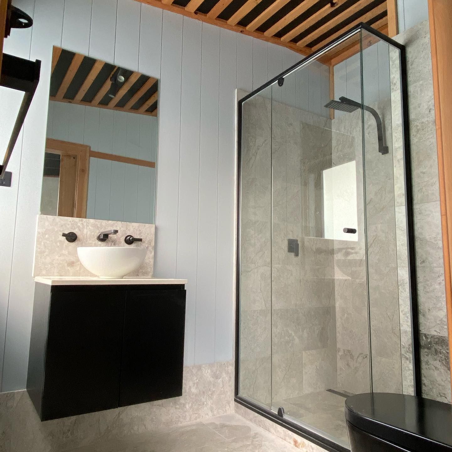 A Bathroom With A Sink And A Walk In Shower — InStyle Shower Screens & Wardrobes in Charmhaven, NSW