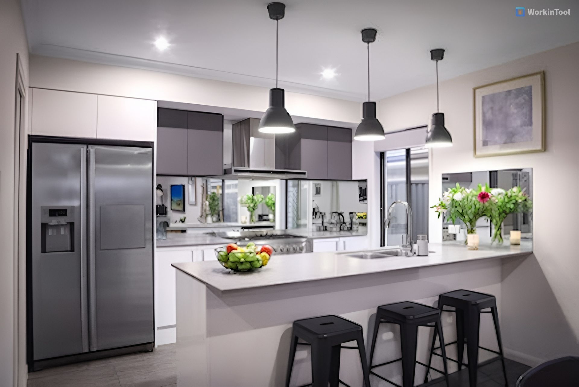 A Kitchen With A Stainless Steel Refrigerator, Sink, And Stools — InStyle Shower Screens & Wardrobes in Charmhaven, NSW