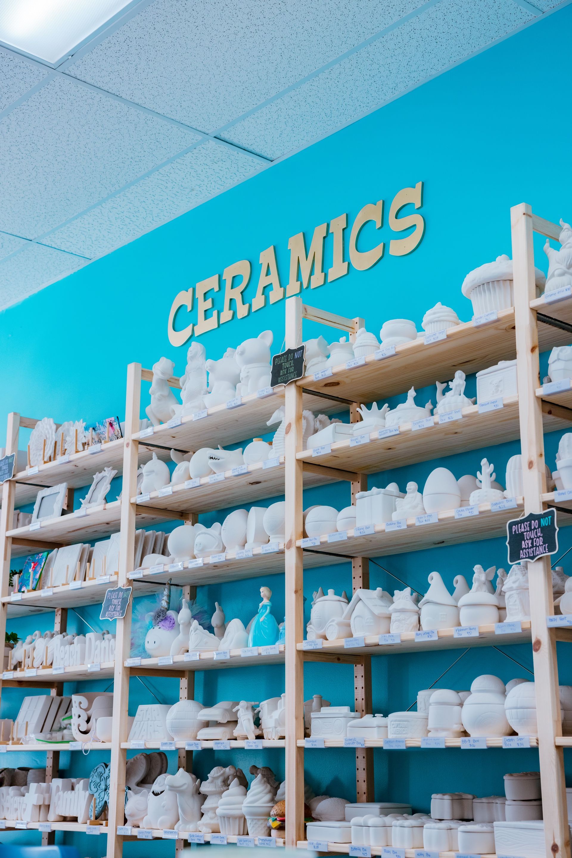 A store filled with shelves filled with lots of ready to paint ceramics.