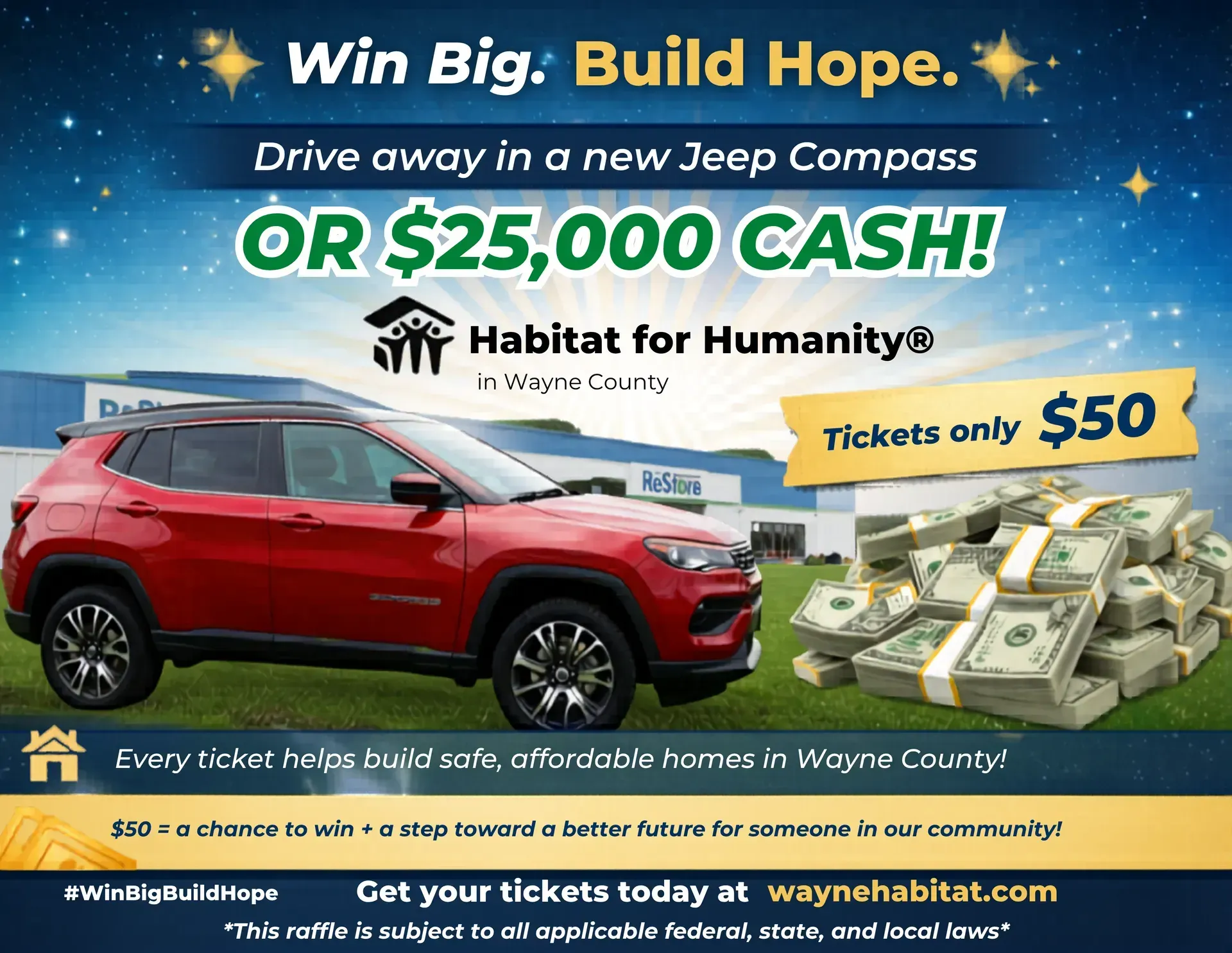 Win Big, Build Hope giveaway ad: red SUV, $25,000 cash or $50 tickets supporting Habitat for Humanity