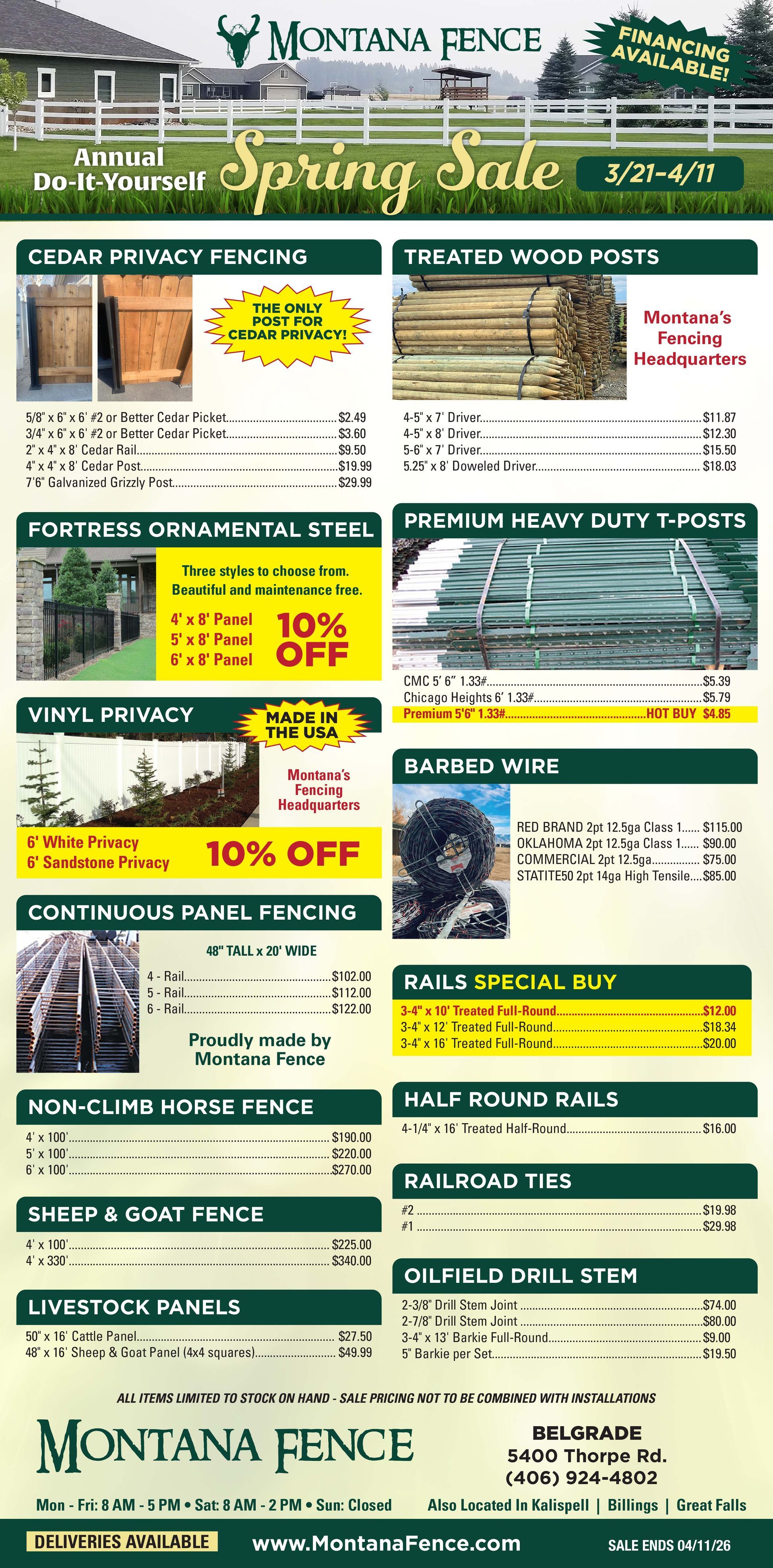 Montana Fence Spring Sale advertisement with product lists and pricing for various fencing, gates, and supplies.