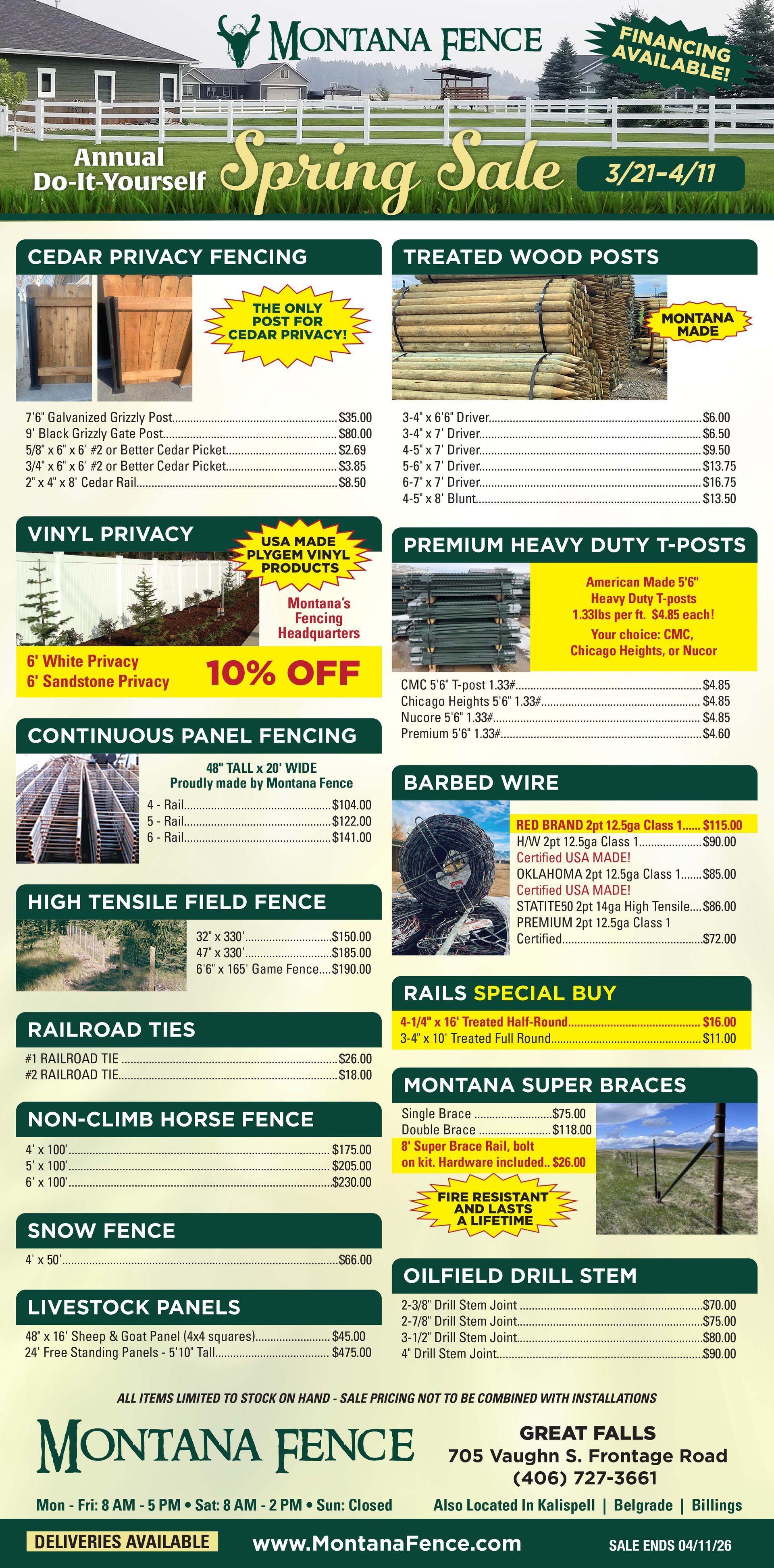 A Montana Fence store spring sale flyer listing discounts on various fencing materials, lumber, and livestock panels.