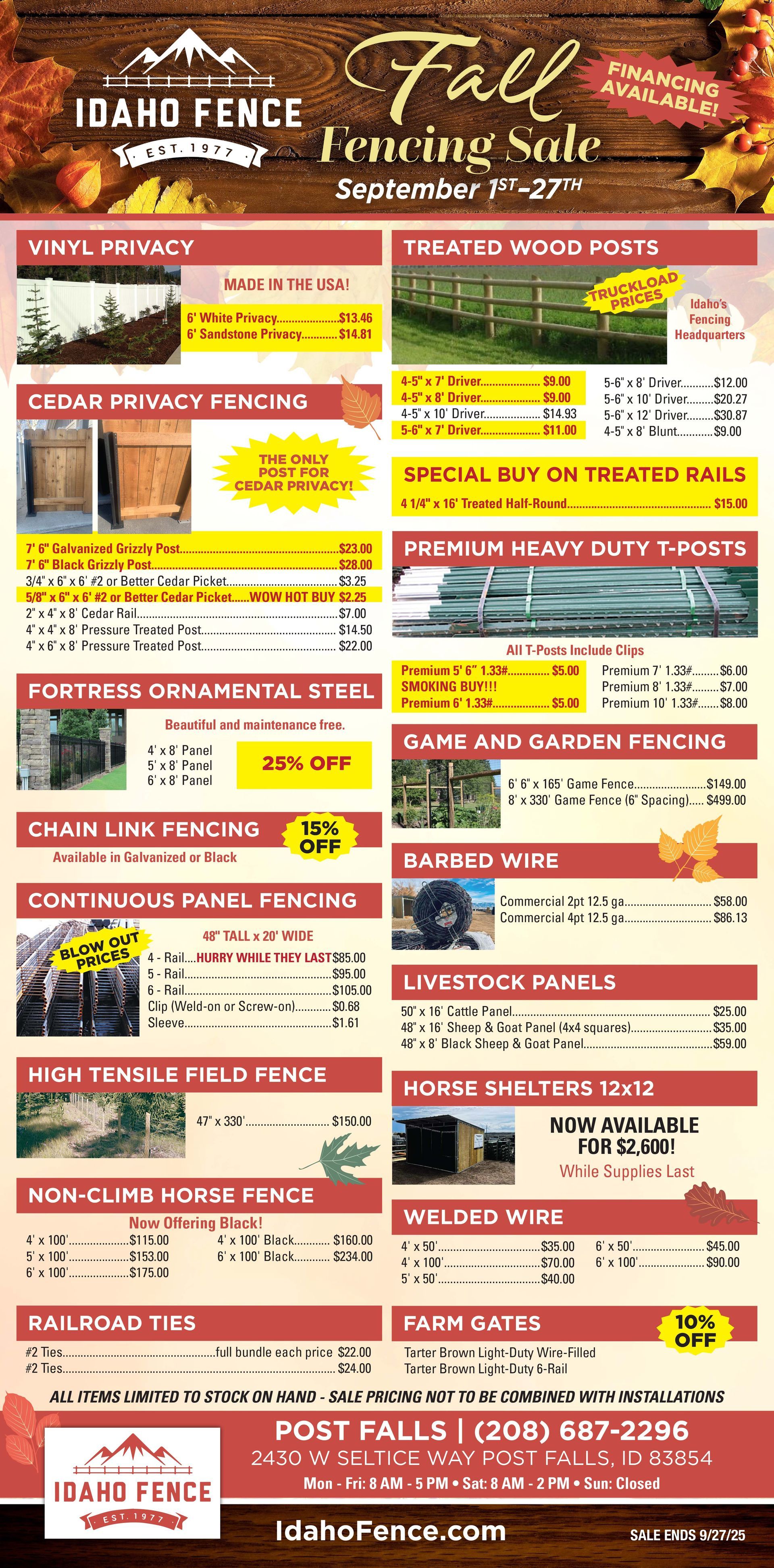 Idaho Fence Fall Fencing Sale advertisement with pricing on different fencing products.