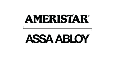 A black and white logo for ameristar assa abloy on a white background.