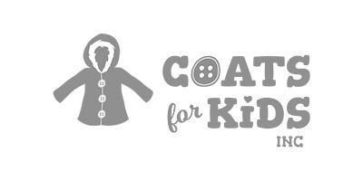 A logo for coats for kids inc. with a picture of a coat with a hood.