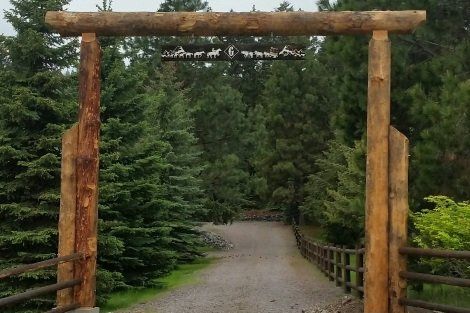 A wooden archway leading to a dirt road surrounded by trees
