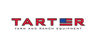 The logo for tarter farm and ranch equipment is red , white and blue.