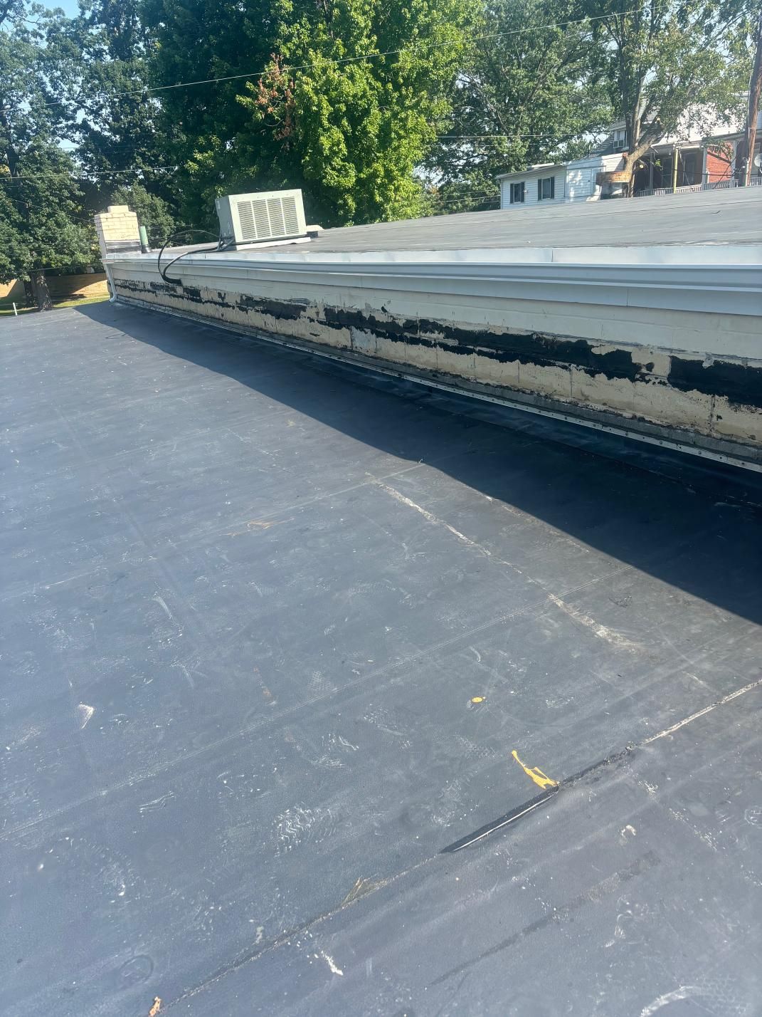 Black flat roof with peeling trim in an outdoor setting.