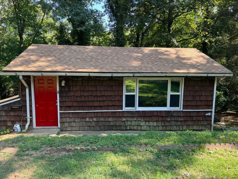 Flat, black roof with white trim, against a backdrop of green foliage and a red brick chimney.