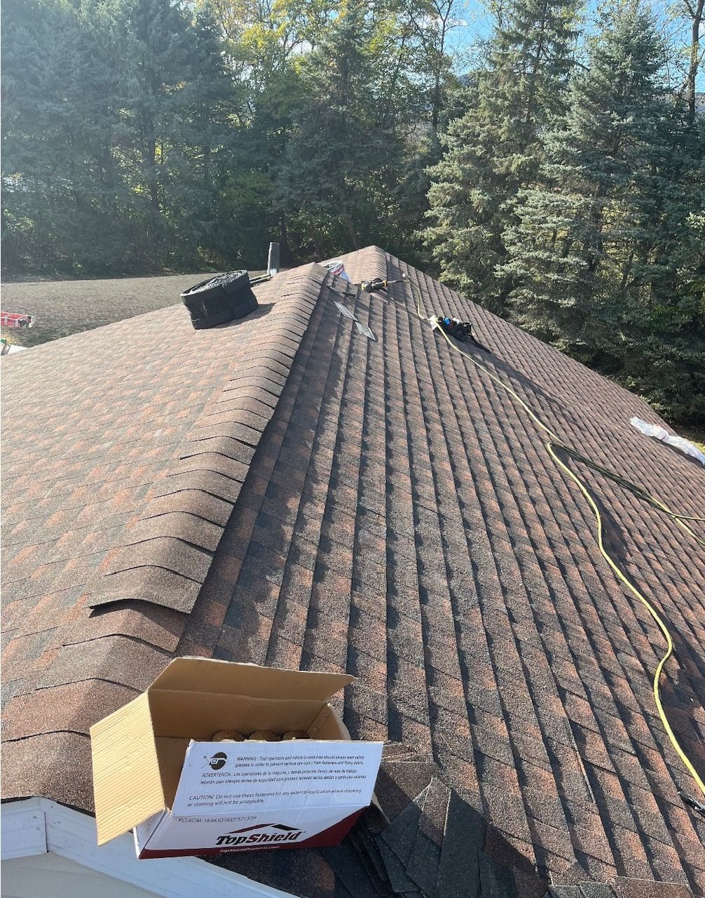 A brown shingle roof with a cardboard box and tools on top, trees in the background.