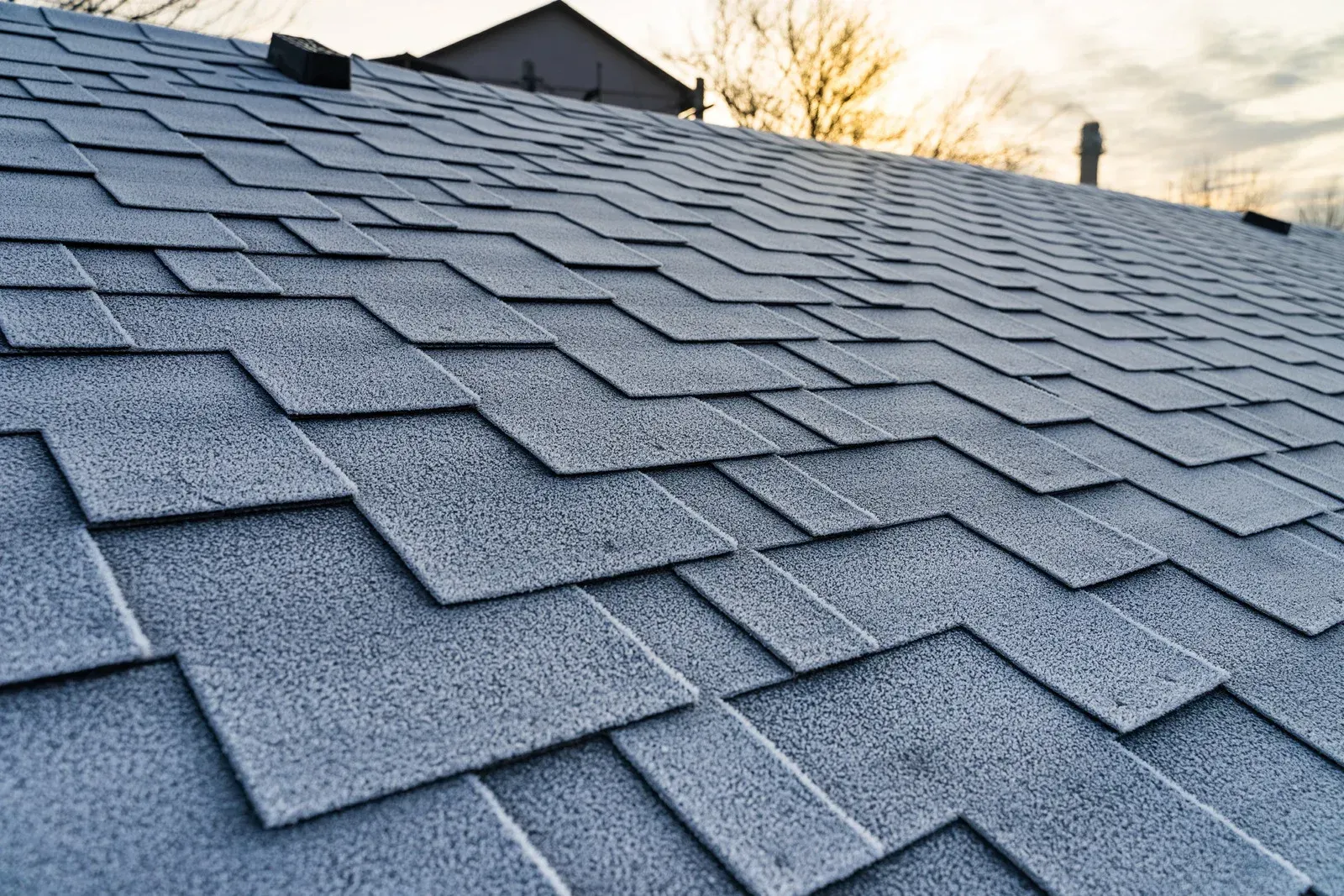 Close-up view of a shingled roof covered in frost, angled towards the sun.