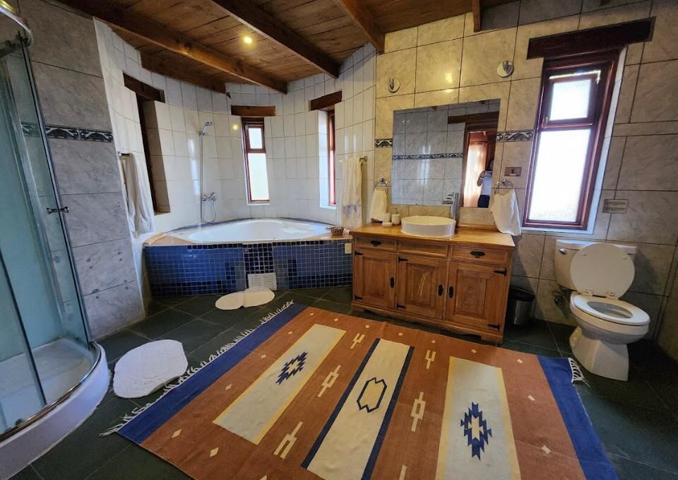 Baño con jacuzzi, mueble de madera y alfombra colorida. Azulejos blancos y azules, ventanas.