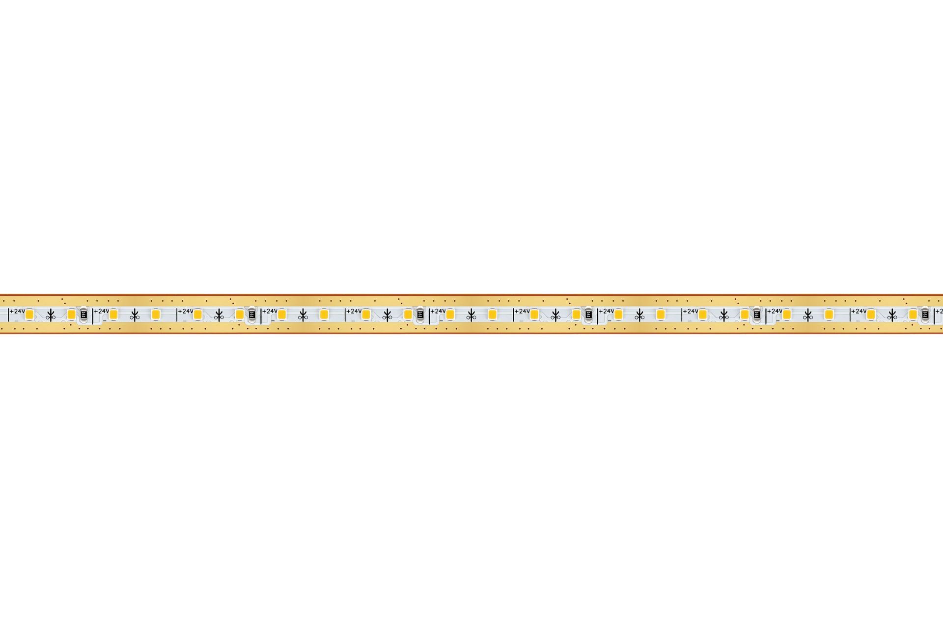 Flexible LED light strip, rolled and coiled on a white surface, with a sticky backing.