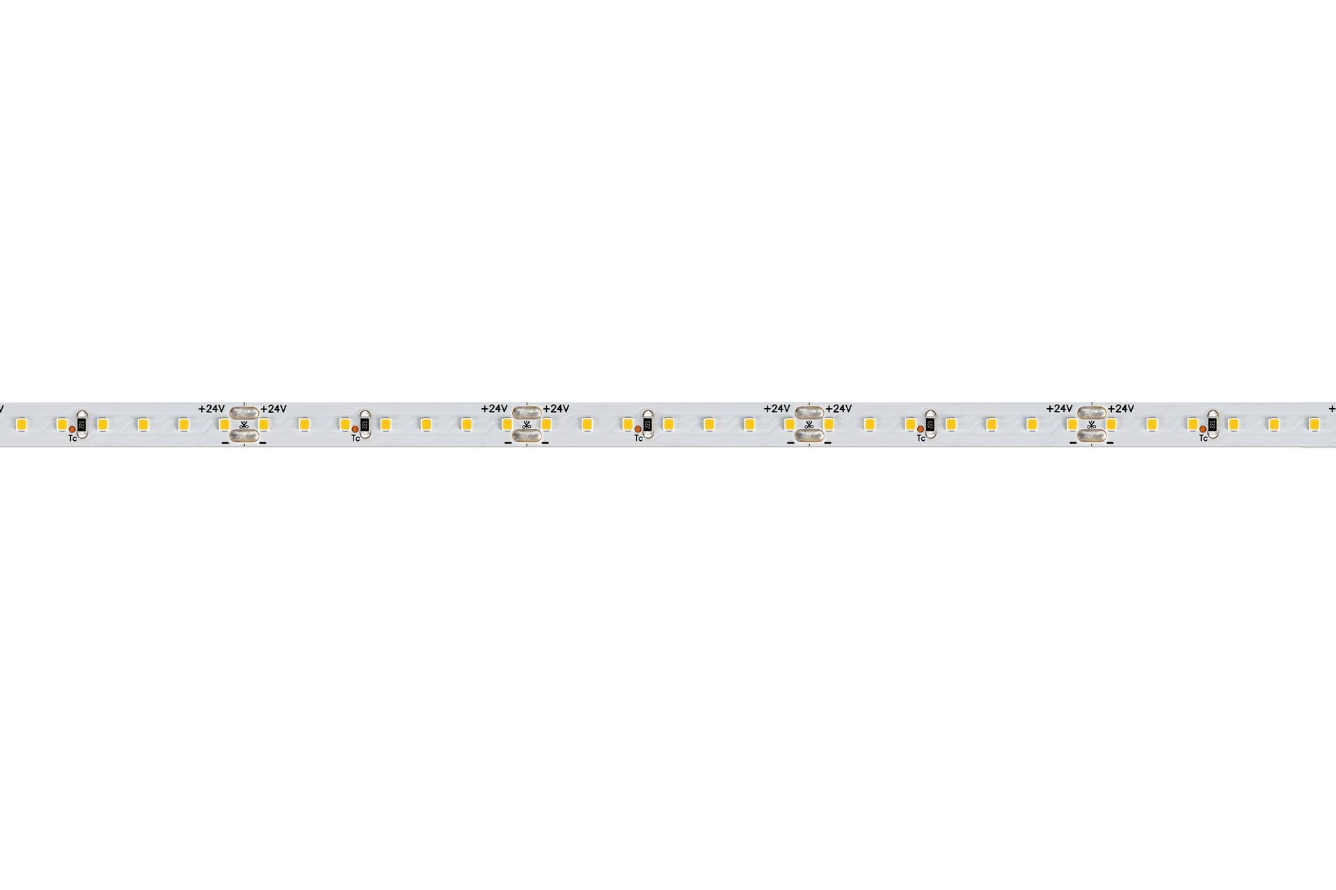 LED light strip, coiled. White flexible tape with small lights, adhesive backing.